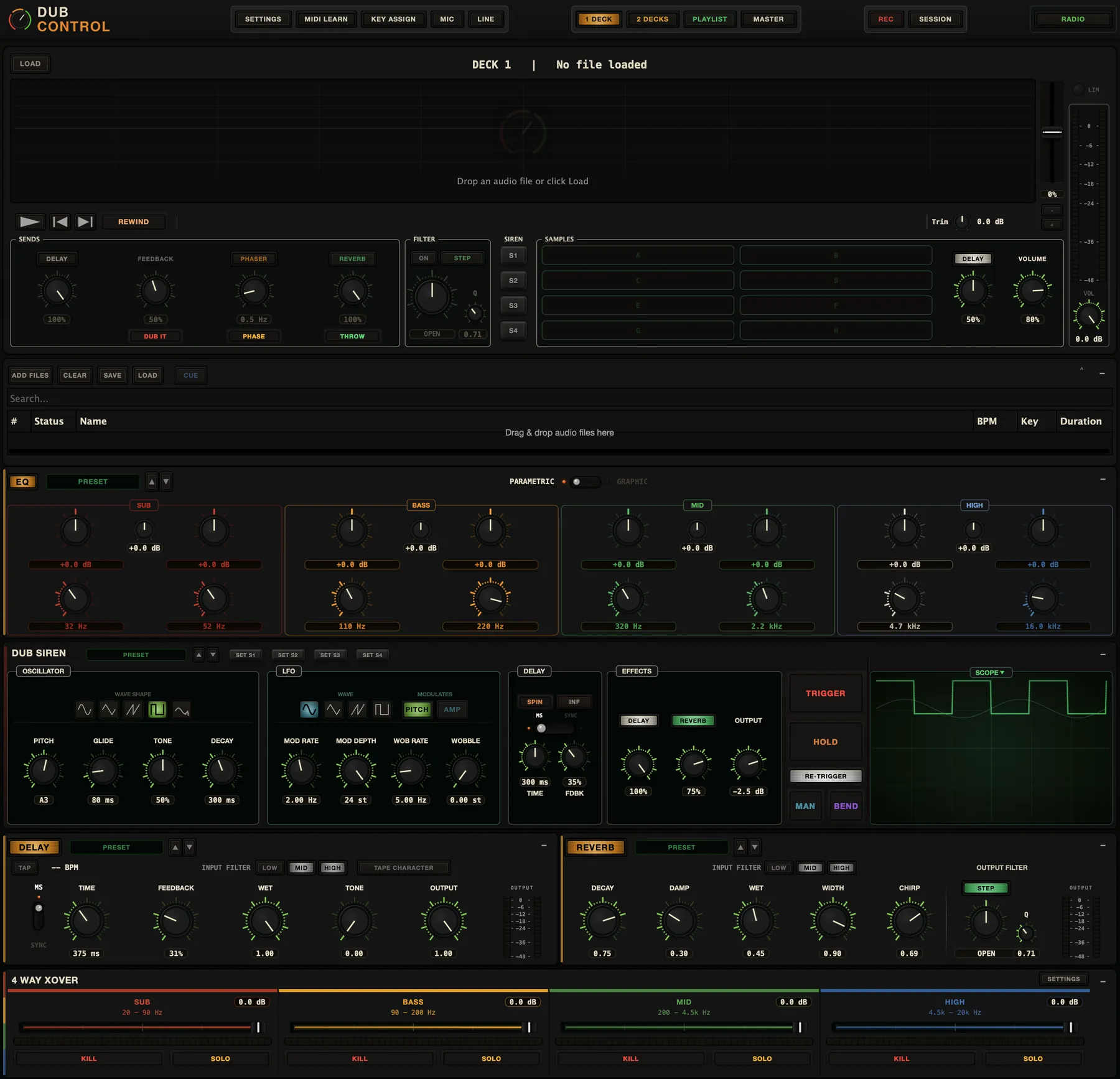The full Dub Control console: deck, sends, filter, dub siren, samples, EQ, tape delay, spring reverb and a 4-way crossover