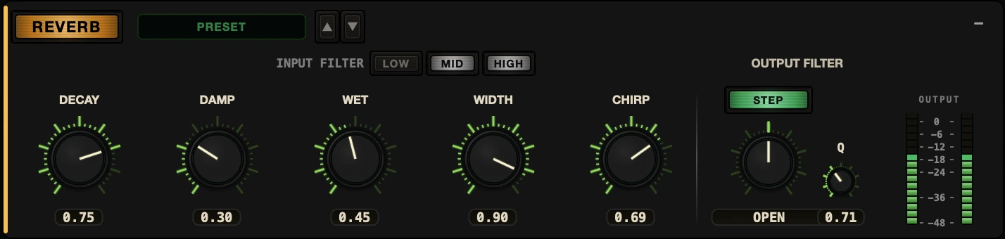 Dub Control spring reverb panel with decay, damp, wet, width, chirp and input and output filters