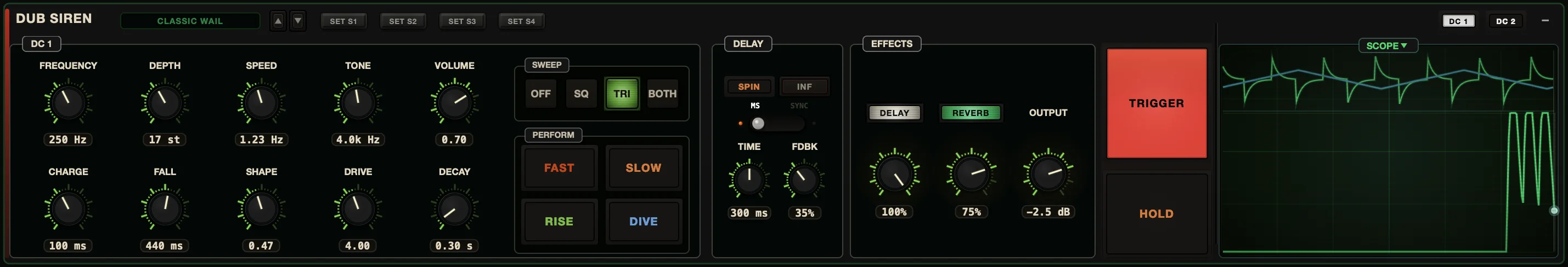 Dub Control dub siren panel with the DC 1 engine: frequency, depth, speed, tone, volume, charge, fall, shape, drive and decay knobs, sweep routing, perform buttons, echo, effects and a live scope