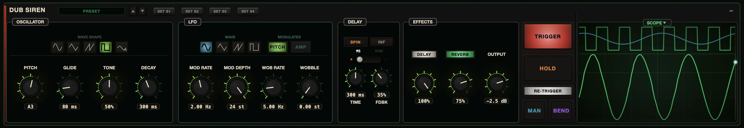 Dub Control dub siren panel with oscillator, LFO, echo and a live scope