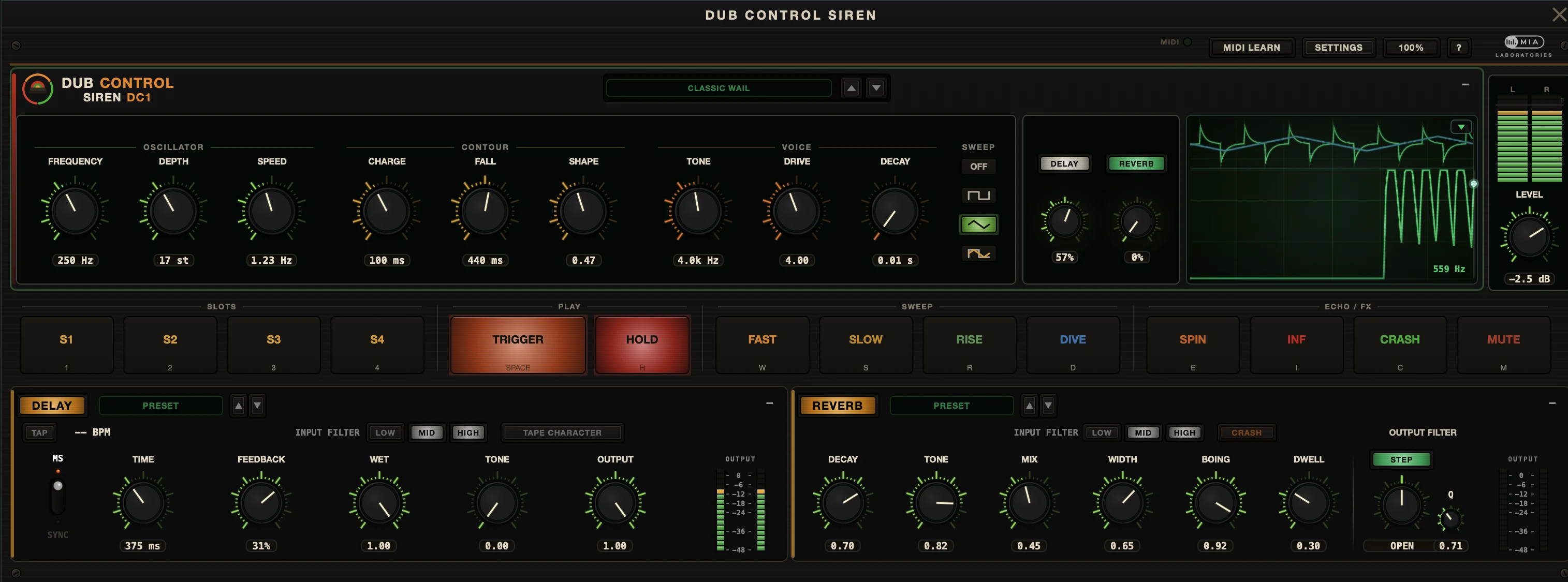The full Dub Control Siren face, mid-wail: the DC 1 siren engine with TRIGGER and HOLD lit, the live scope showing the siren wave, performance pads, and the tape delay and spring reverb panels below