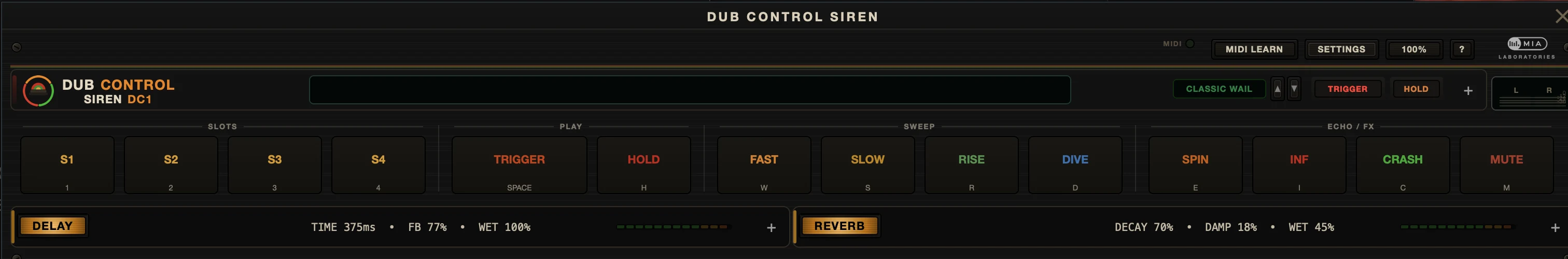 Dub Control Siren fully collapsed into a compact performance strip: pads, delay and reverb summaries in one narrow window